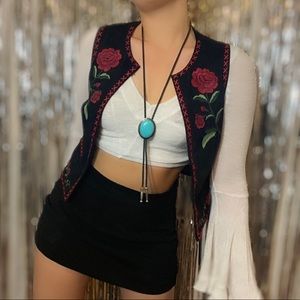 Embroidered Western Bolo Southwest Boho Suede Vest